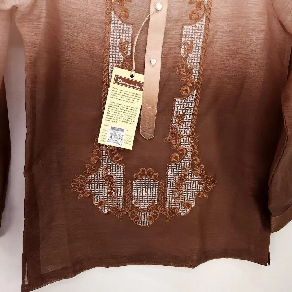 Barong Lumban Button Up Tagalog Shirt Long Sleeve Size Small Embroidered Sheer - Picture 5 of 13